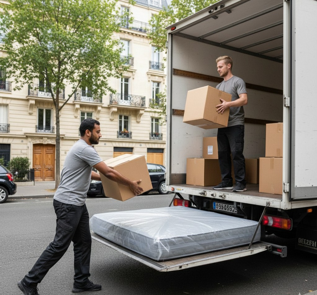 Déménageurs chargant rapidement des cartons lors d’un déménagement urgent dans le Val-de-Marne