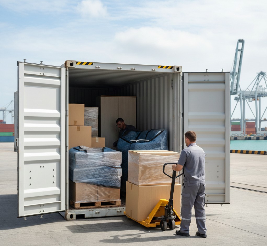 Conteneur maritime en cours de chargement avec des cartons pour un déménagement vers les DOM-TOM