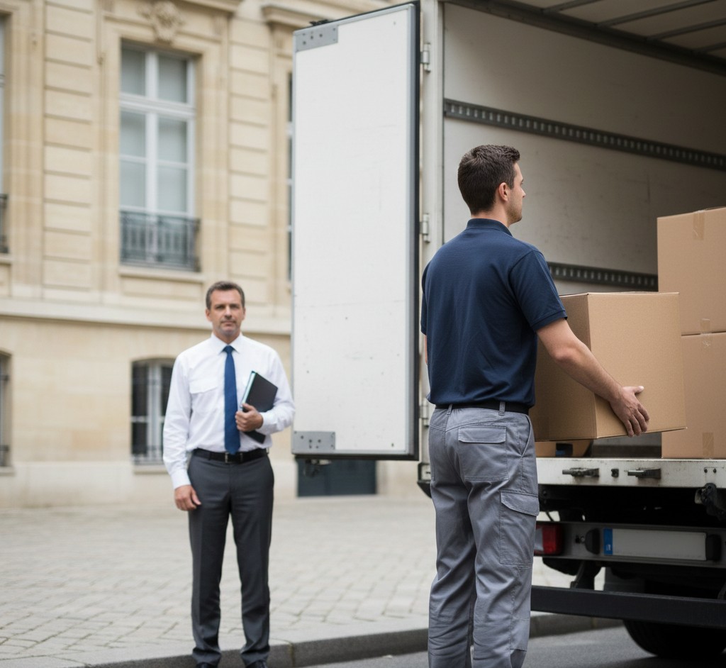 Déménageur transportant des cartons pour un déménagement de fonctionnaire dans le Val-de-Marne
