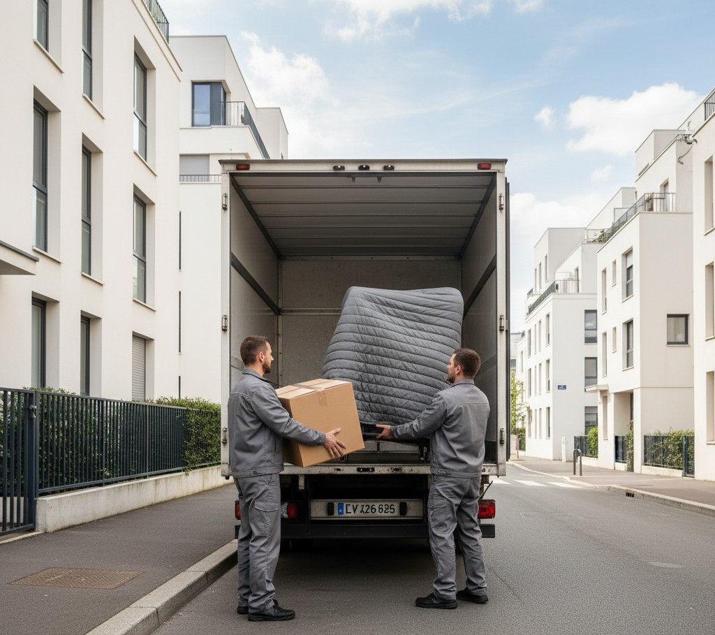 Déménageurs transportant des meubles lors d’un déménagement à Vitry-sur-Seine